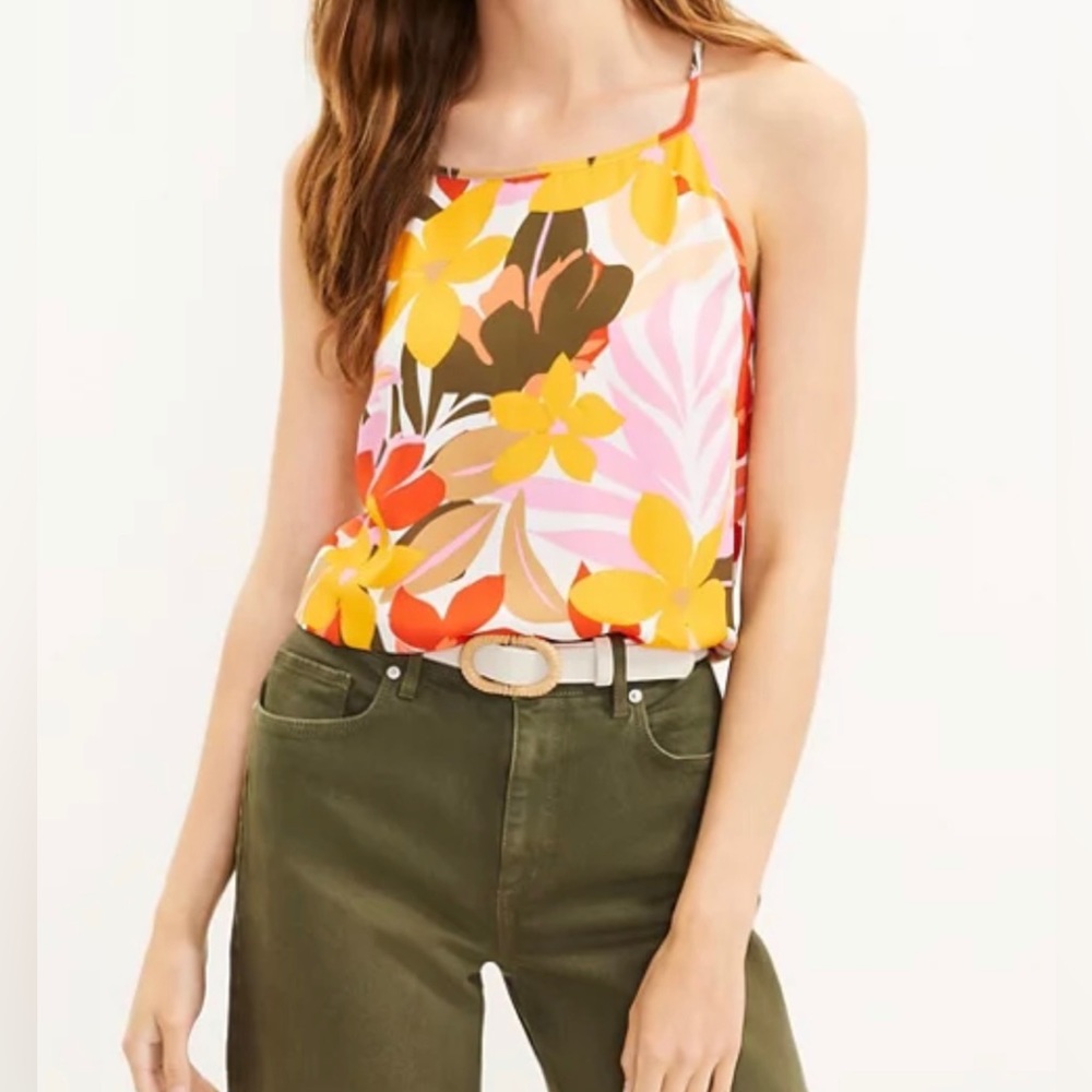 NWT LOFT Ann Taylor Tropical Pink Yellow Olive Halter Top